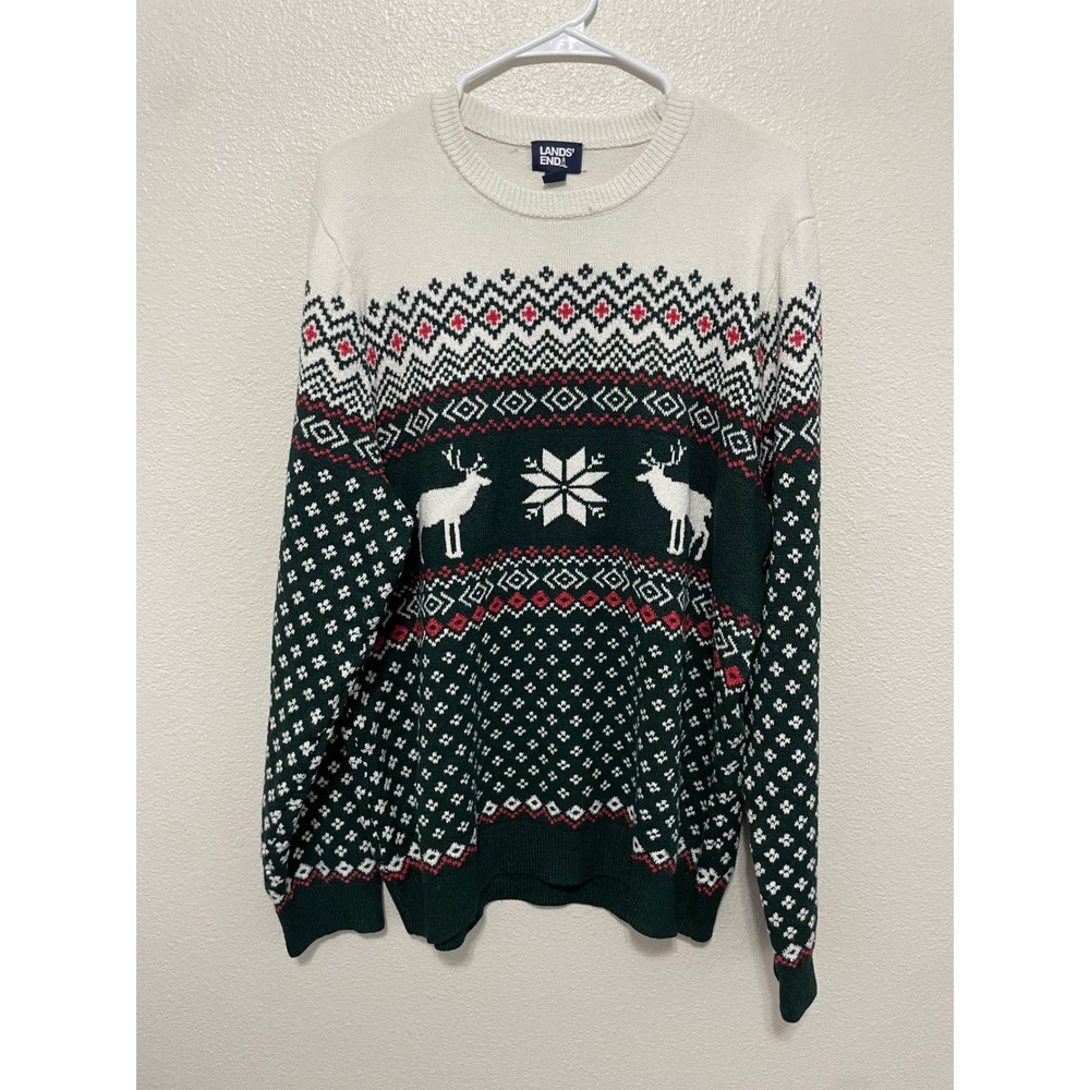 Lands' End Sweater Mens XL Green White Red Excellent Fair Isle Reindeer Holiday